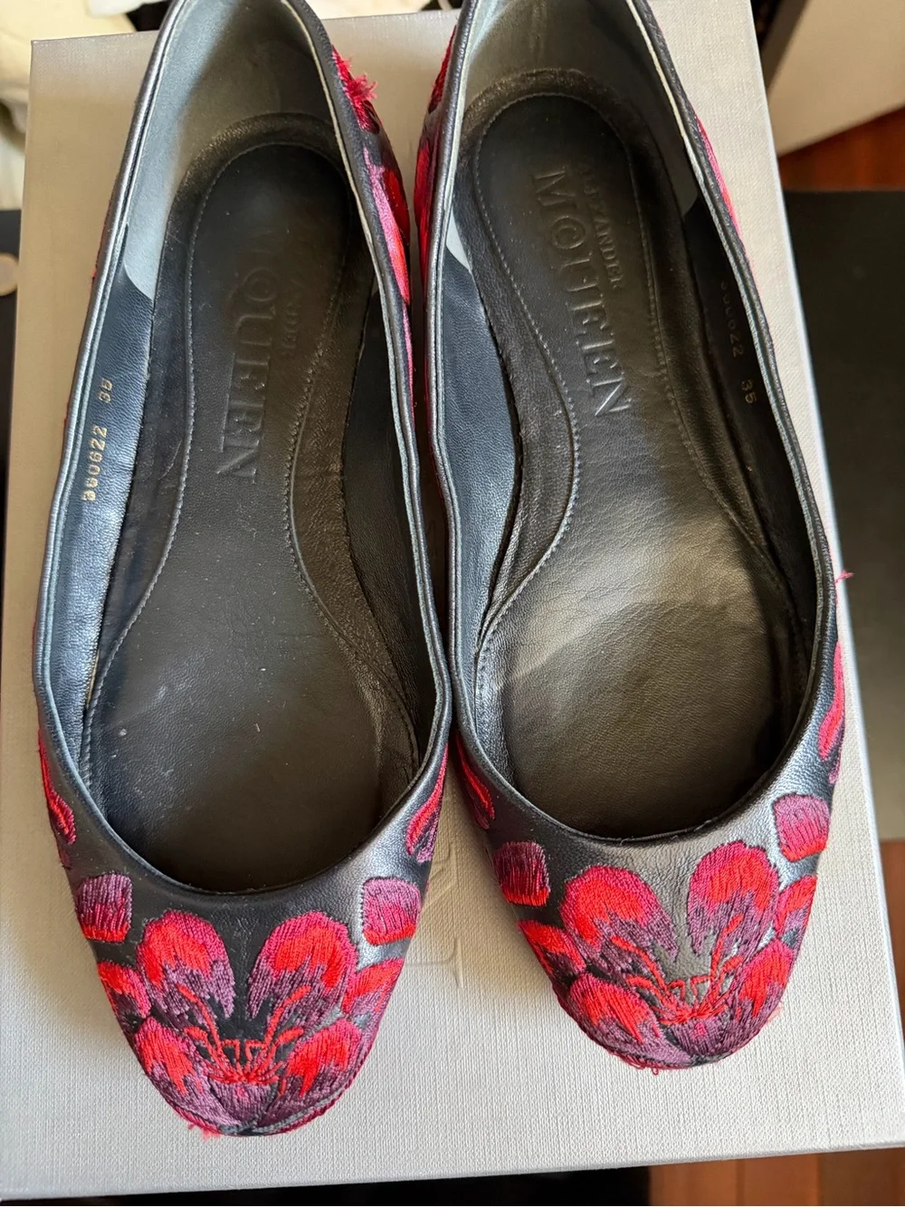 Alexander McQueen Black Leather Flats with Red Embroidered Floral Motif